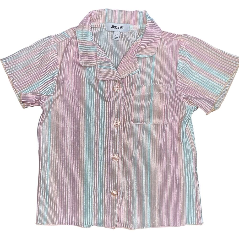 Jason Wu Toddler Girls Iridescent Striped Crinkle Short Sleeve Button Up Top 3T
